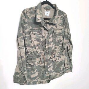 Old Navy Women’s Medium Green Camo Utility Jacket Zip Button Pockets Drawstring